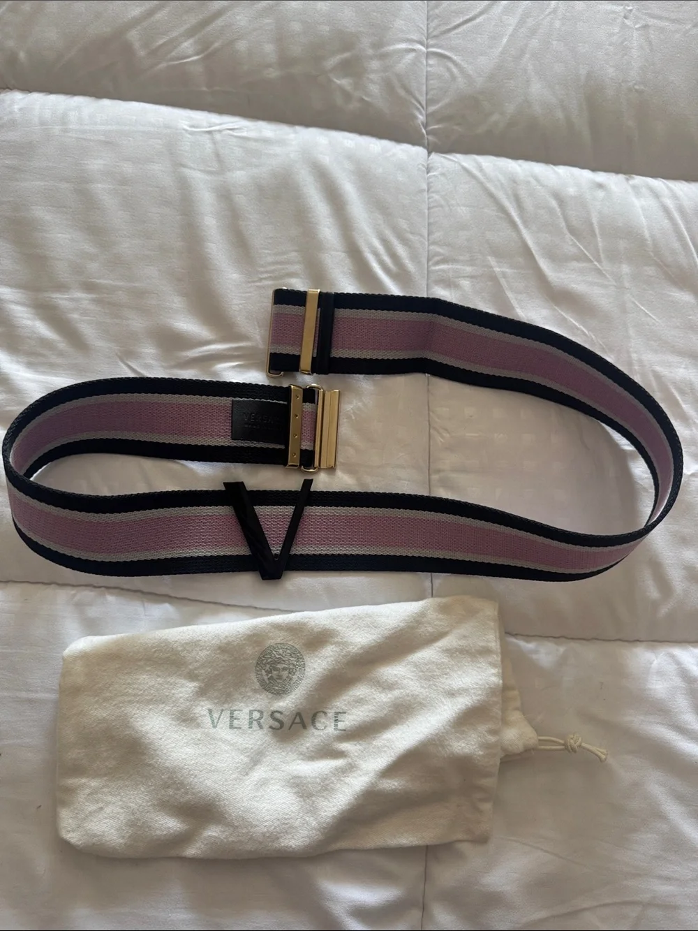 Authentic Versace Pink and Black Elastic Waist Belt with Gold Hardware